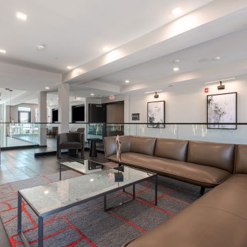 Taupe leather couches surround a rectangular metal coffee table, accented by a grey and red floor covering.