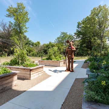 Raised garden beds and arches are dappled in sunlight while a wooden bunny sculpture whispers to a red wooden bird.