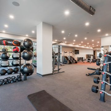 Weight racks holding medicine balls, kettlebells, small barbells and floor mats.